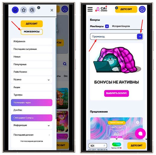 Применение промокода в Cat Casino